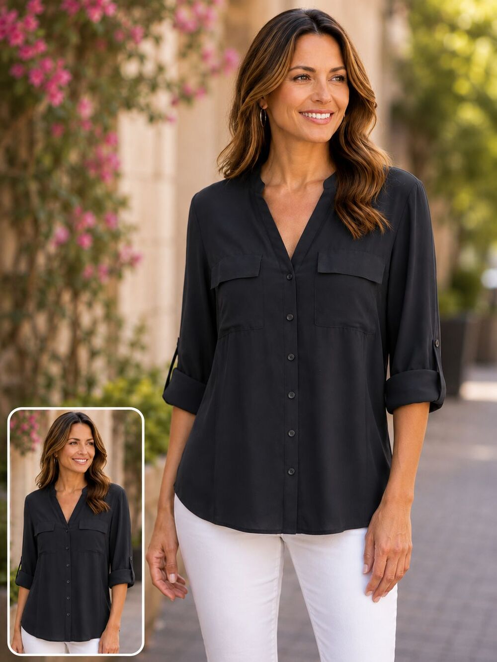 INC International Concepts Womens XL Black Button Front Blouse Roll Tab Sleeve